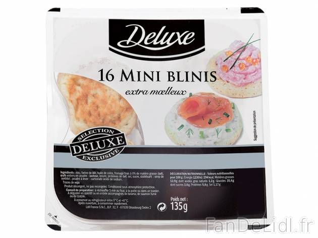 16 mini blinis , prezzo 0.79 € per 135 g, 1 kg = 5,85 € EUR.