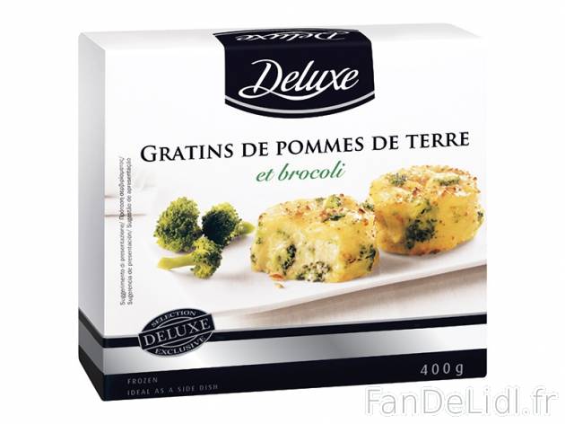 4 gratins de pommes de terre et brocoli , prezzo 2.49 € per 400 g, 1 kg = 6,23 € EUR.