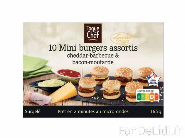 10 mini burgers , le prix 4.19 € 
- Assortiment sauce barbecue-cheddar et bacon-moutarde
Caractéristiques

- ...