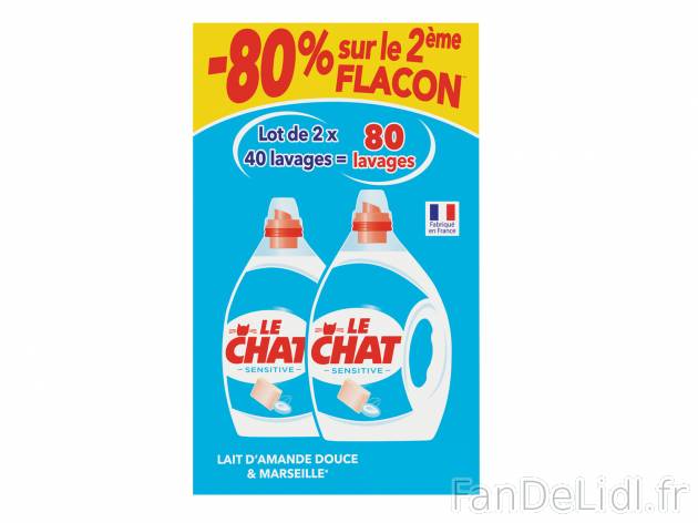 Le Chat Sensitive lessive liquide , le prix 9.59 €  
-  Lot de 2 x 40 lavages
