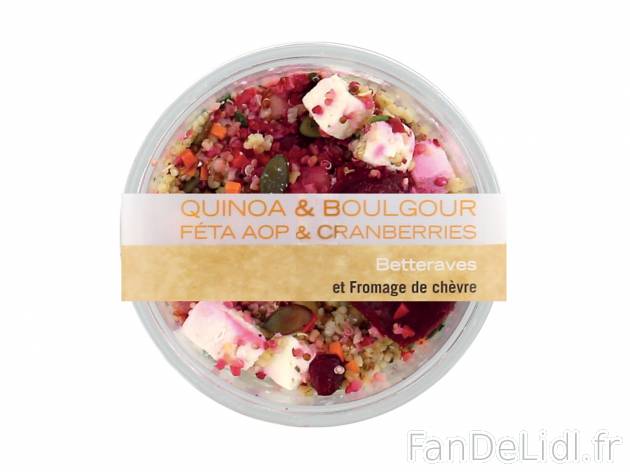 Salade Veggie , le prix 2.59 € 
- Au choix : quinoa-boulgour-féta AOP cranberries, boulgour-fromage ...
