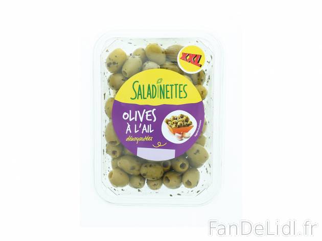 Olives XXL , le prix 2.99 € 
- Au choix : à l’ail ou à l’ail et fromage
Caractéristiques

- ...