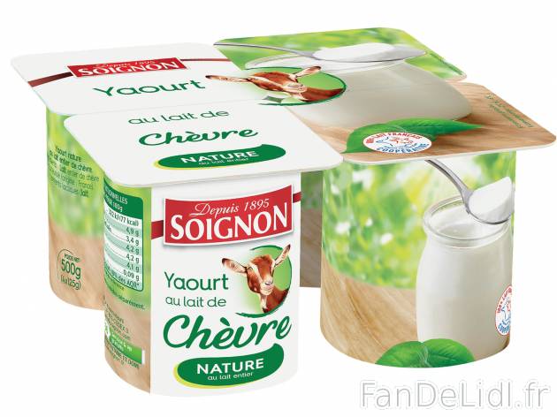 Soignon yaourts au lait de chèvre , le prix 1.46 € 
- Le paquet de 4 x 125 g ...