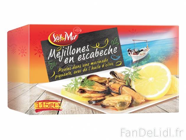 Moules à l’escabèche à l’huile d’olive , prezzo 1.09 € per 68 g (PNE), ...