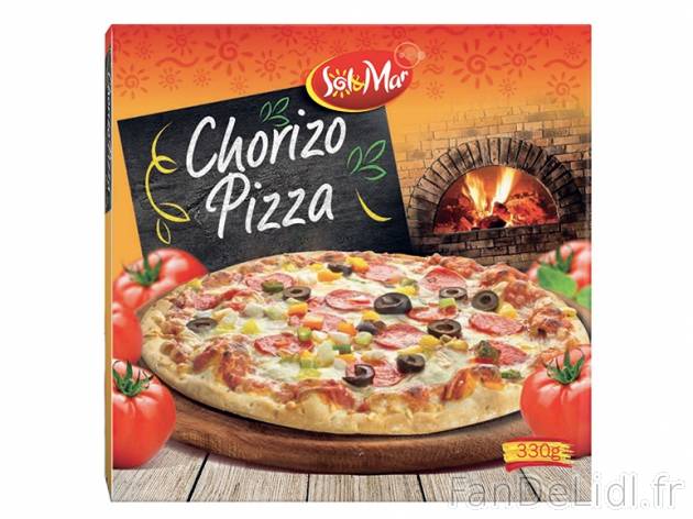 Pizza au chorizo , prezzo 1.39 € per 330 g, 1 kg = 4,21 € EUR. 
- Cuite au ...