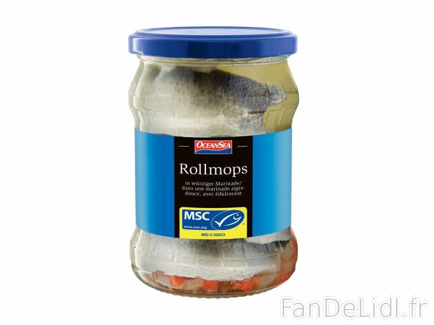 Rollmops ou harengs marinés , le prix 1.99 &#8364; 

Caractéristiques

- Rayon ...