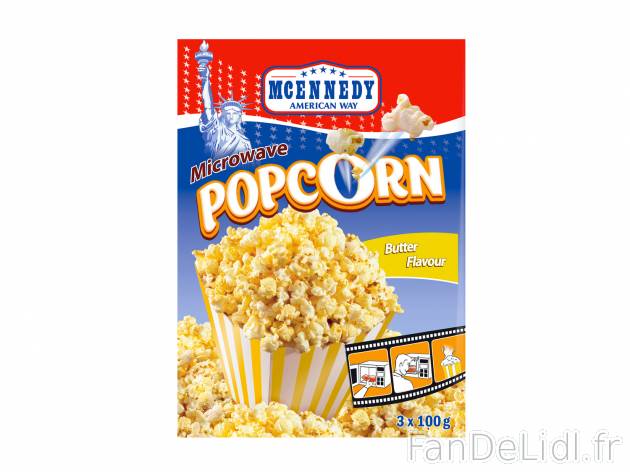 Popcorn micro-ondable , le prix 0.79 €  
-  Au choix : saveur beurre ou sucrés