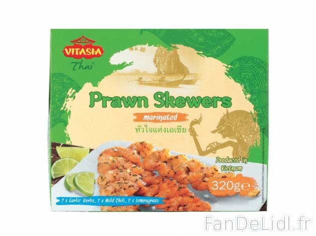 6 brochettes de crevettes marinées , prezzo 4.99 € per 320 g, 1 kg = 15,59 € ...