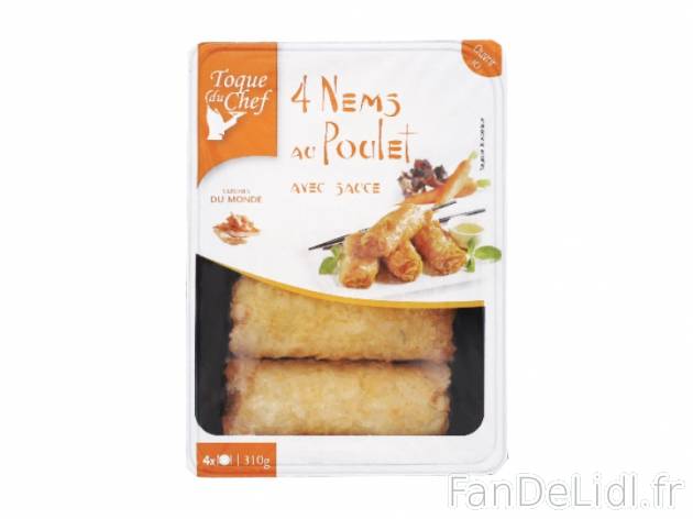 Nems , prezzo 1.25 € per 310 g au choix, 1 kg = 4,03 € EUR. 
- Au choix : poulet, ...