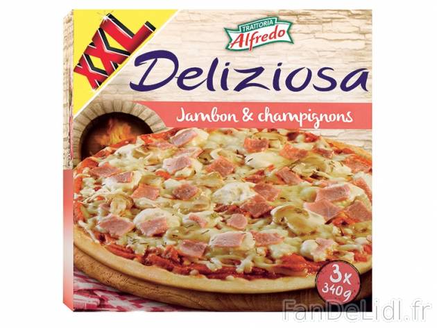 3 pizzas jambon-champignons , prezzo 3.49 € per 3 x 340 g, 1 kg = 3,42 € EUR. ...
