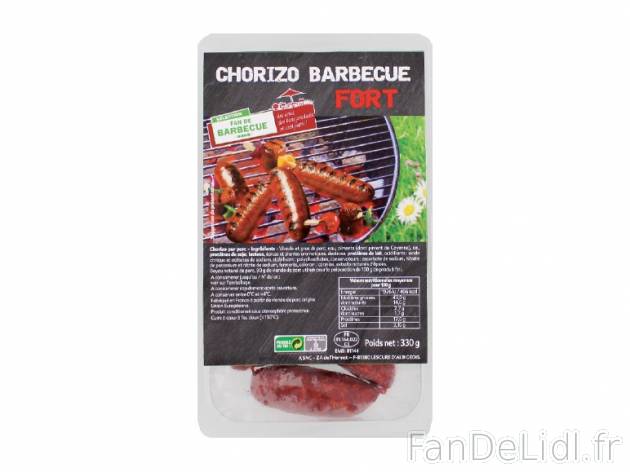 Chorizo fort à griller , prezzo 2.49 € per 330 g, 1 kg = 7,55 € EUR. 
- Pur ...