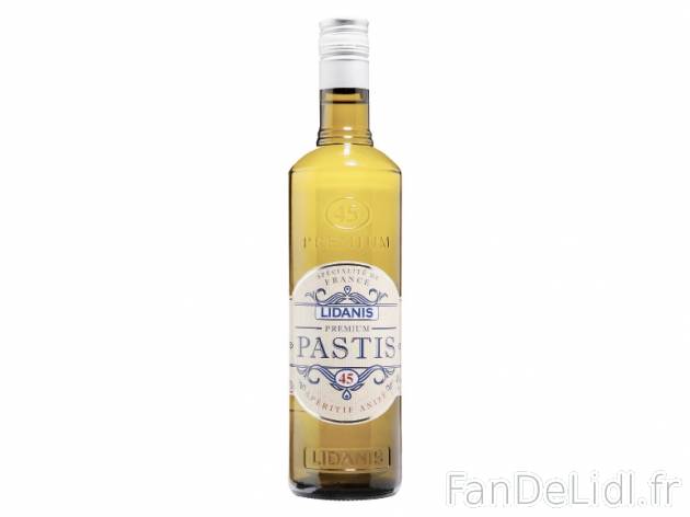 Pastis premium , prezzo 12.99 € per 70 cl, 1 L = 18,56 € EUR.  
-      45 % Vol.