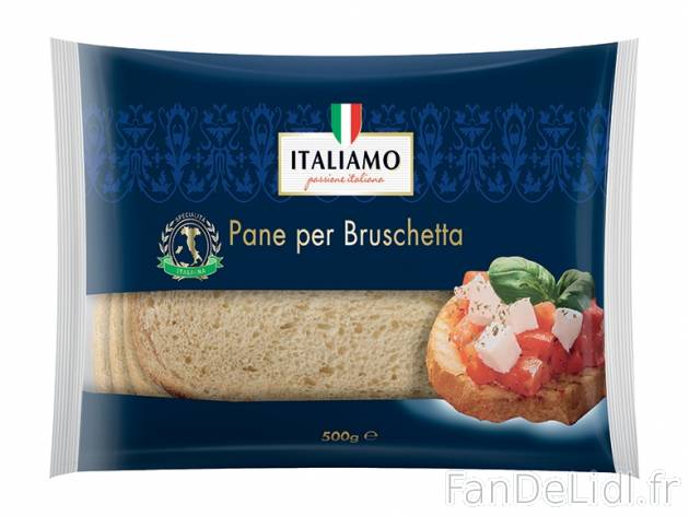 5 tranches de pain pour bruschetta , prezzo 1.99 € per 500 g, 1 kg = 3,98 € EUR.