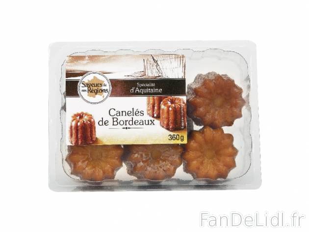 6 canelés de Bordeaux , prezzo 2.49 € per 360 g, 1 kg = 6,92 € EUR. 
- Petits ...