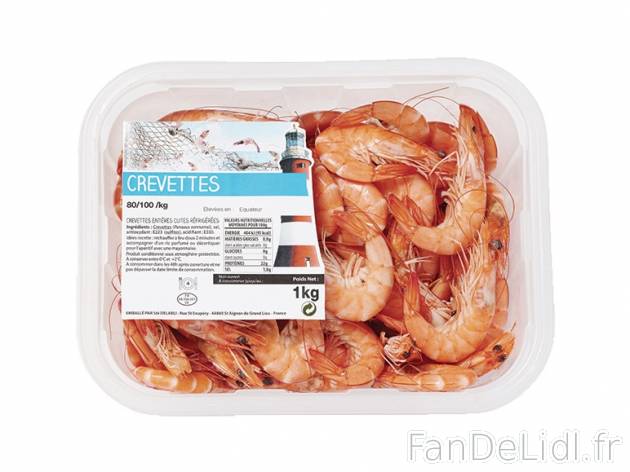 Crevettes cuites entières , prezzo 8.29 &#8364; per La barquette de 1 kg 
- ...