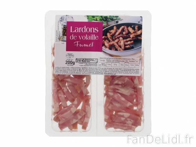 Lardons de volaille fumés , prezzo 1.59 € per 2 x 100 g, 1 kg = 7,95 € EUR. ...