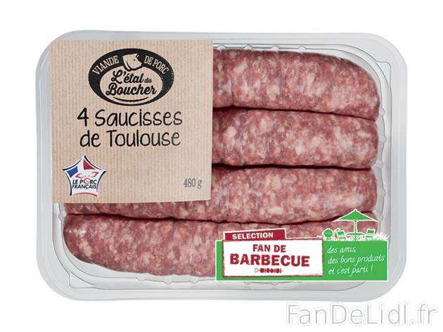 4 saucisses de Toulouse , prezzo 2.75 € per 480 g, 1 kg = 5,73 € EUR. 
- En ...