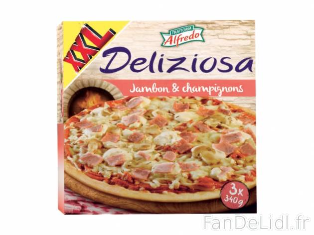3 pizzas jambon-champignons , prezzo 3.49 € per 3 x 340 g, 1 kg = 3,42 € EUR. ...