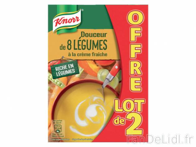Knorr Douceur de 8 Légumes , le prix 2.36 € 
- Le lot de 2 soupes (2 x 1 L) ...