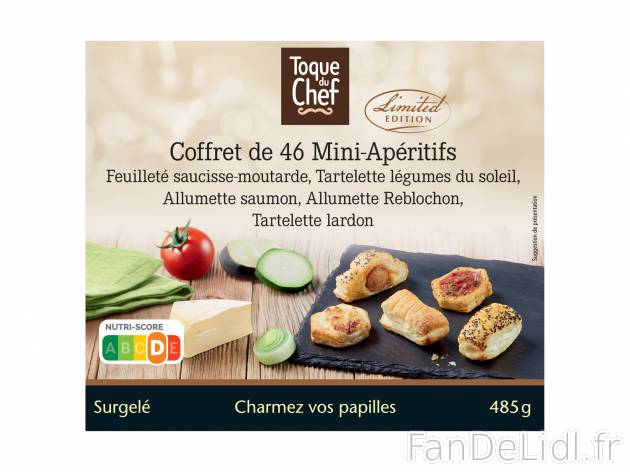 Coffret de 46 mini apéritifs , le prix 3.19 € 
- Composé de : feuilleté saucisses-moutarde, ...