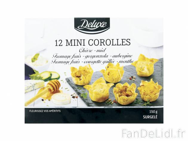 12 mini corolles , le prix 3.49 € 
- Assortiment : chèvre-miel, fromage frais-gorgonzola ...
