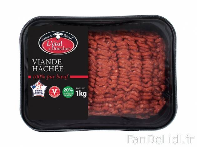 Viande hachée pur bœuf , prezzo 6.69 € per La barquette de 1 kg 
- 20 % Mat. ...