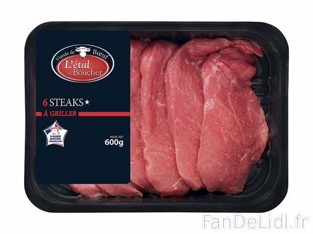 6 steaks à griller , prezzo 5.99 € per 600 g, 1 kg = 9,98 € EUR. 
- Du mercredi ...