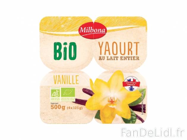 4 yaourts saveur vanille bio , prezzo 0.99 € per 500 g, 1 kg = 1,98 € EUR. 
- ...