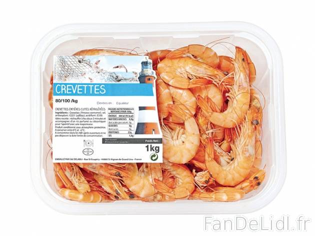 Crevettes cuites entières , prezzo 8.29 € per La barquette de 1 kg 
- De 80 ...