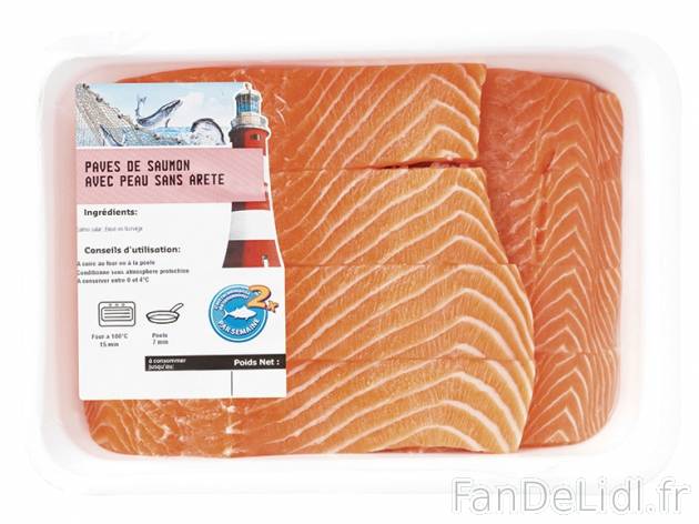 8 pavés de saumon , prezzo 13.99 &#8364; per La barquette de 1 kg 
- Avec peau ...