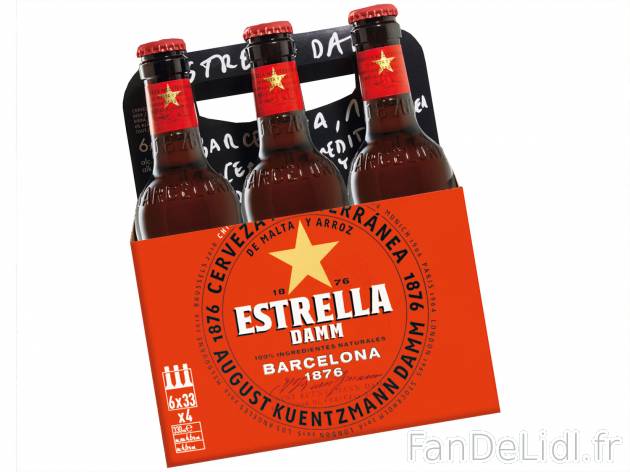 6 bières Estrella Damm , le prix 4.29 €  
-  4,6 % Vol.