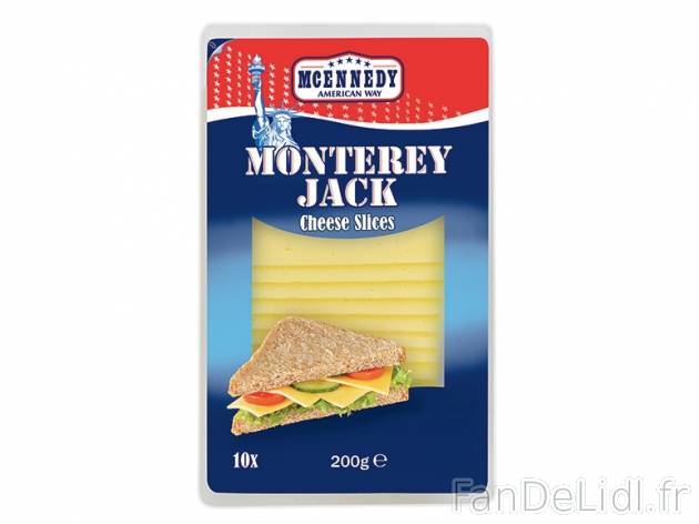 10 tranches de fromage Monterey Jack , prezzo 1.69 € per 200 g, 1 kg = 8,45 € ...