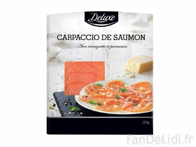 Carpaccio de saumon , prezzo 2.99 € per 123 g, 1 kg = 24,31 € EUR. 
- Elevé ...