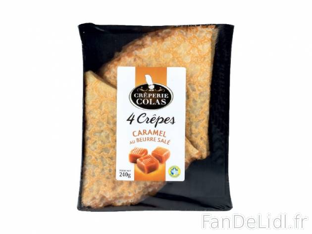 4 crêpes fourrées au caramel beurre salé , prezzo 2.29 € per 240 g, 1 kg = ...