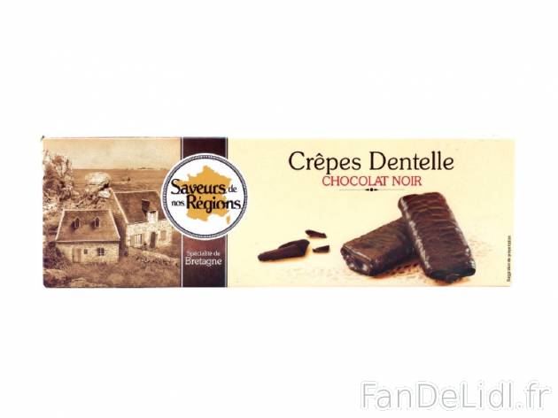 Crêpes dentelle au chocolat noir , prezzo 1.29 € per 100 g, 1 kg = 12,90 € EUR.