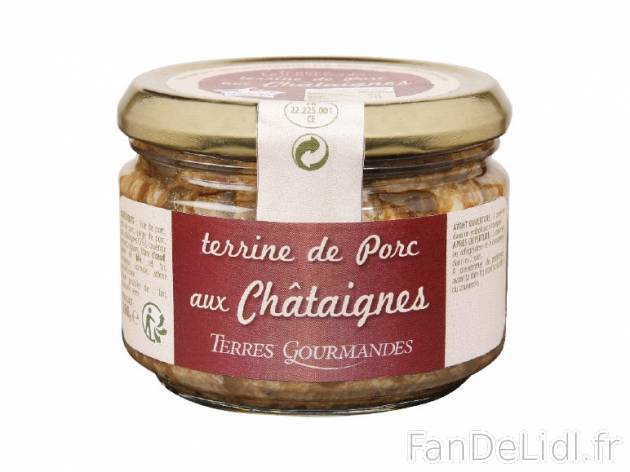 Terrine de porc aux châtaignes , prezzo 0.99 € per 180 g, 1 kg = 5,50 € EUR.