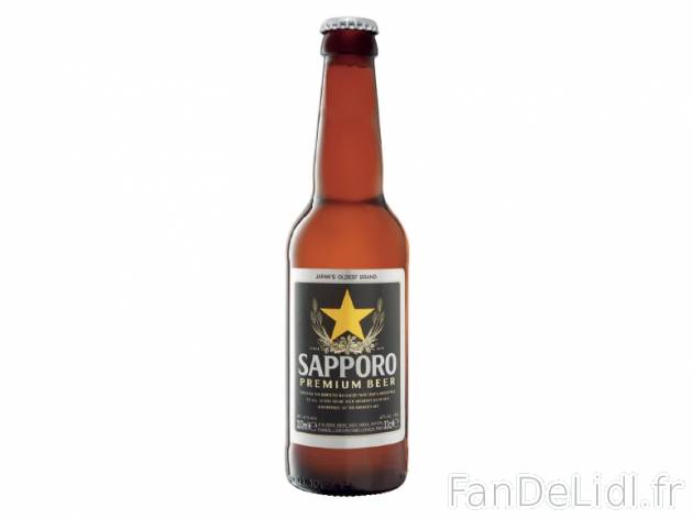 Bière Sapporo , prezzo 0.99 € per 33 cl, 1 L = 3,00 € EUR. 
- 4,7 % Vol. 
- ...