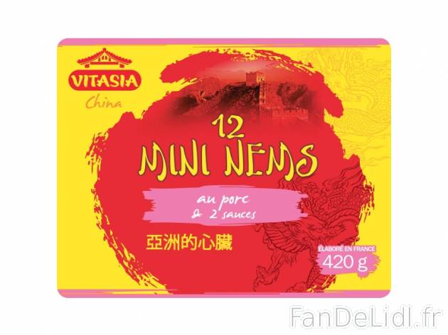 12 mini nems au porc , prezzo 2.99 € per 420 g, 1 kg = 7,12 € EUR. 
- 2 sauces ...