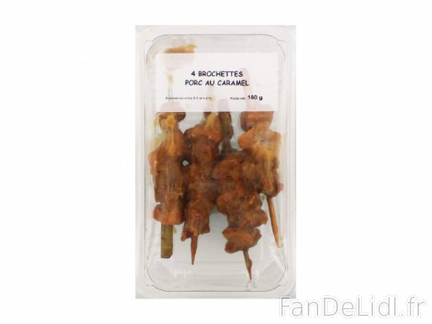 4 brochettes de porc au caramel , prezzo 2.49 € per 160 g, 1 kg = 15,56 € EUR. ...