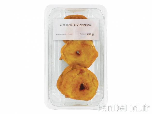 4 beignets d&apos;ananas , prezzo 2.29 € per 260 g, 1 kg = 8,81 € EUR. 
- ...