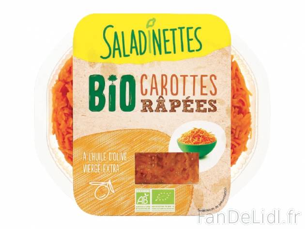 Carottes râpées bio , prezzo 1.35 € per 200 g, 1 kg = 6,75 € EUR.