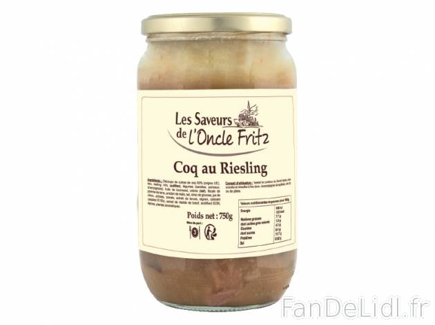 Coq au Riesling , prezzo 4.79 € per 750 g, 1 kg = 6,39 € EUR. 
- Composé de ...