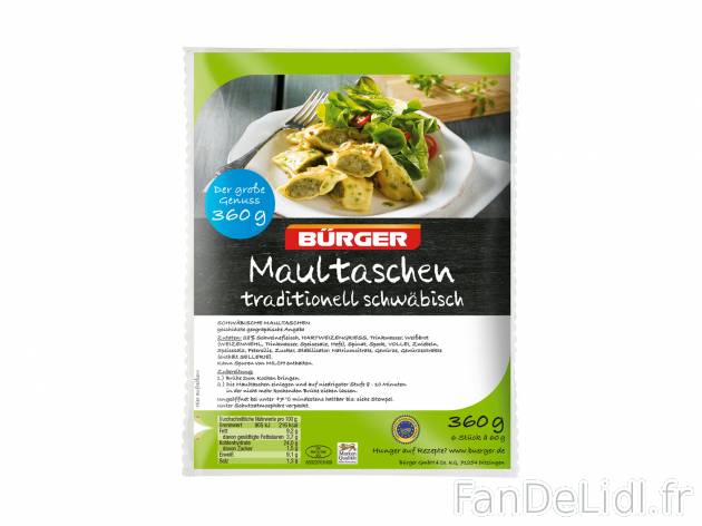 Schwäbische Maultaschen IGP , le prix 1.49 € 
- Ces ravioles de forme rectangulaire ...