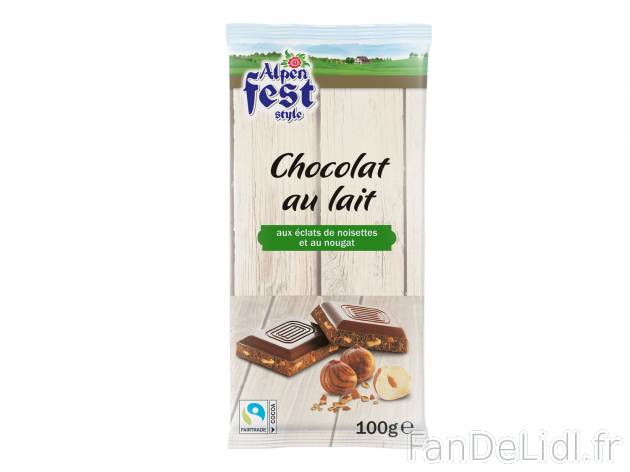 Tablette de chocolat , le prix 0.99 € 
- Au choix : lait aux noisettes-praliné, ...