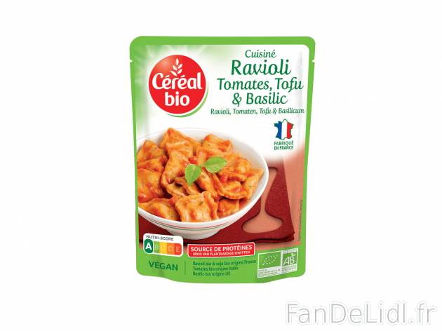 Céréal Bio ravioli tomates, tofu et basilic , le prix 1.49 € 
- Le paquet de ...