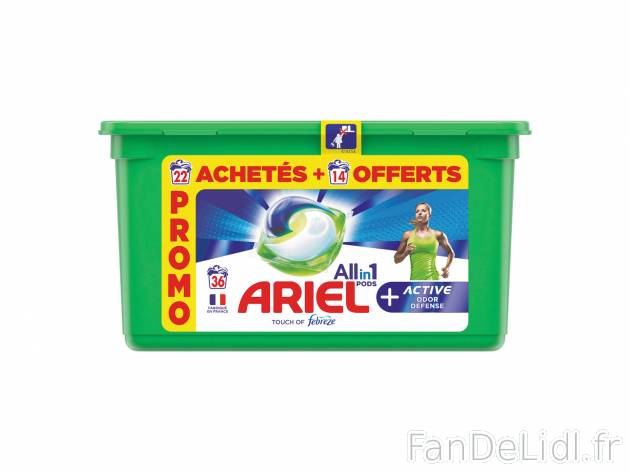 Ariel Pods , le prix 8.99 €  
-  22 capsules + 14 OFFERTES
-  36 pièces