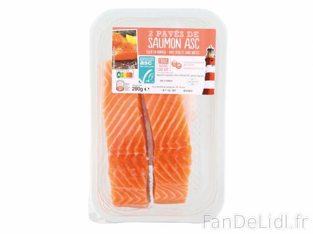 2 pavés de saumon ASC , le prix 4.49 &#8364; 
- Avec peau et sans ar&ecirc;tes
Caractéristiques

- ...