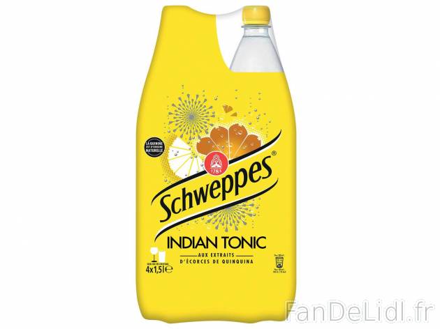 Schweppes Indian tonic , le prix 4.34 &#8364; 
- Le pack de 4 x 1,5 L : 6,20 ...