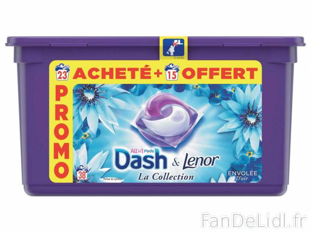 Dash pods & Lenor envolée dair , le prix 7.49 € 
- 23 capsules + 15 OFFERTES
- ...