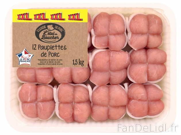 12 paupiettes de porc , le prix 6.39 € 
- Vendues en barquette de 1,5 kg à 9,59 ...